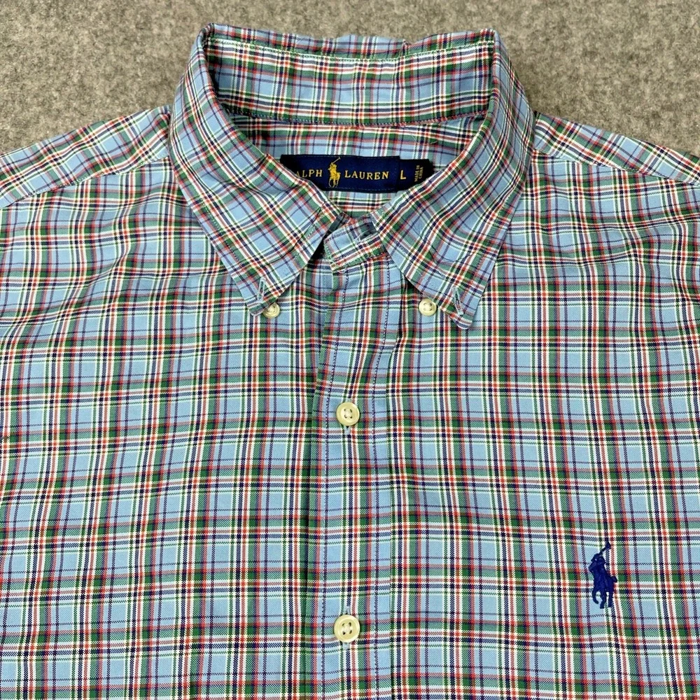 Ralph Lauren Shirt Men Large Blue‎ Multicolored Plaid Long Sleeve Cotton Preppy